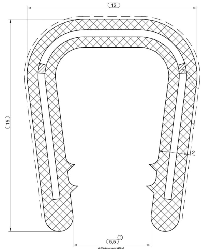 Teknisk ritning av en sektionerad Clipslist med dimensioner märkta: 12 mm bred, 15 mm hög och 5,5 mm basdiameter. Kläckning indikerar materialtvärsnitt.