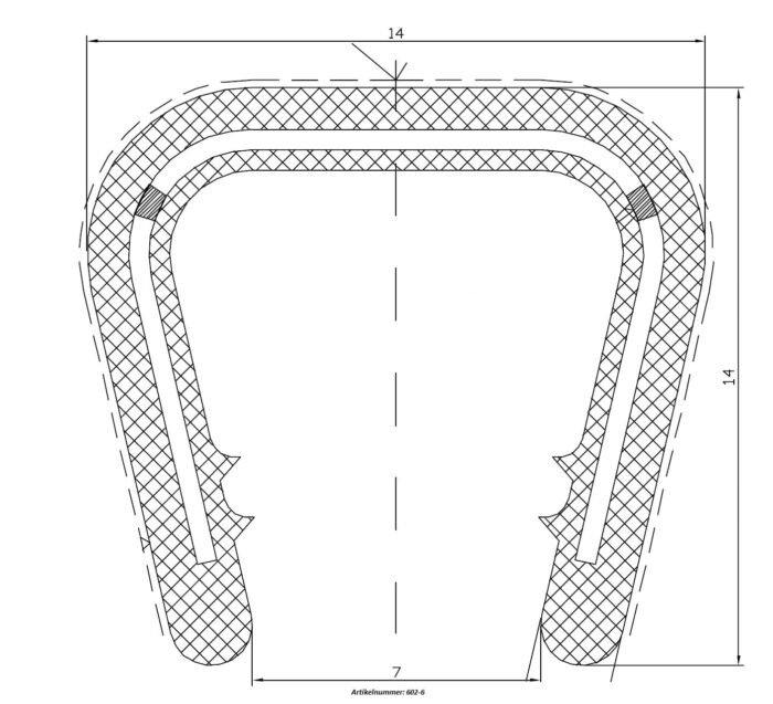 Teknisk ritning av en Clipslist med invändig dimensionering. Mäter 14 enheter bred och hög, och 7 enheter vid basen. Inkluderar tvärsnitts- och referenslinjer.