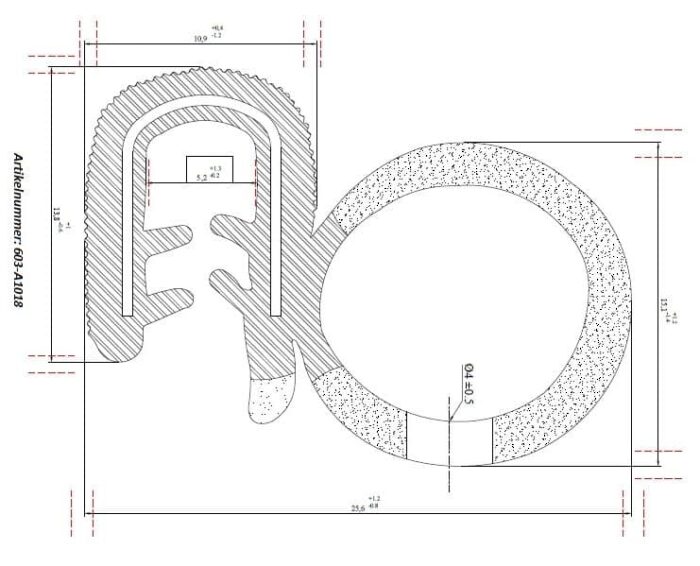 Teknisk ritning av en tvärsnittsvy av en packning med exakta mått märkta i millimeter. Märkt "Clipslist med tätning EPDM" på vänster sida.