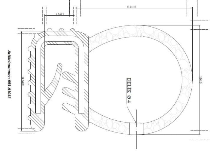 Teknisk ritning av Clipslist med tätning EPDM, som visar en detaljerad tvärsnittsvy med mått och dimensioner märkta på diagrammet.