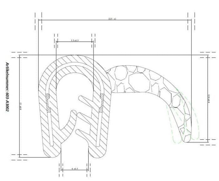 Teknisk ritning av en mekanisk komponent märkt "Clipslist med tätning EPDM" med mått i millimeter och en tvärsnittsvy som visar invändig struktur och använda material.
