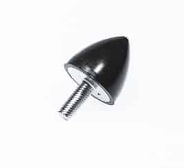 Ett svart konformat föremål med en gängad metallstång som sticker ut från basen, ställd mot en vanlig vit bakgrund, är Vibrationsdämpare typ KD.