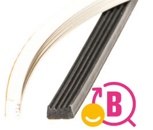 Närbild av en Kloropren CR BÄRLAGER 60ShA EN1337 med en rosa och gul "B" återvinningssymbol i det nedre högra hörnet.