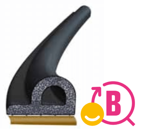 En svart gummerad Kloropren CR BÄRLAGER 60ShA EN1337 med ett guldfärgat blad och ett grått texturerat grepp visas bredvid en rosa cirkulär logotyp med en smiley och versal "B" inuti.