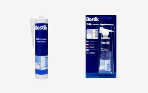 Två paket Silikon Universal Bygg & Sanitet: det ena är ett fristående rör med munstycke och det andra är i sin blå och vita originalförpackning med samma rör och munstycke synligt.