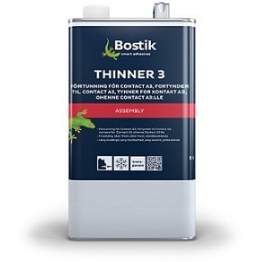 En burk märkt "Thinner, Bostik 3" med en ödlalogotyp, beskriven som en thinner för kontaktlim. Behållaren är övervägande mörkblå med vit och röd text.