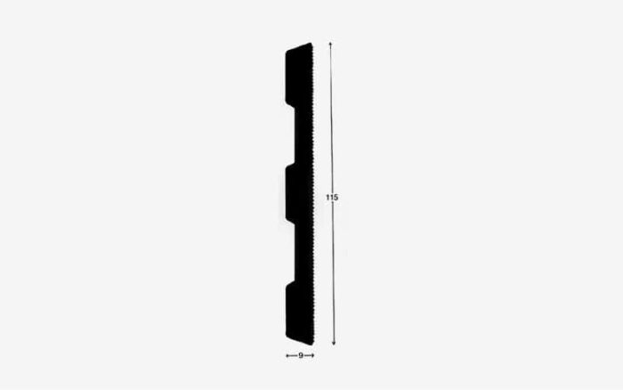 Svart Avbärarlist med ett mått på 115 enheter i längd och 9 enheter i bredd, mot en vanlig vit bakgrund.