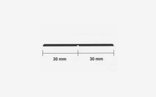 En svart linje bruten i mitten, med två segment vardera märkta 30 mm, på en vit bakgrund, föreställande Innerhörnslistan.