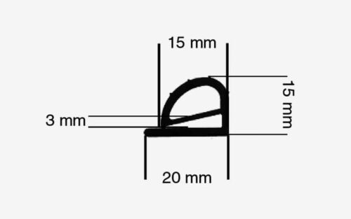 Svartvit teknisk ritning som visar ett tvärsnitt av en Kylskåpslist med mått märkta: höjd 15 mm, toppsektionshöjd 3 mm, basbredd 20 mm och invändig höjd 15 mm.