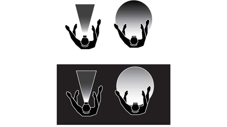 Silhuett av två händer som håller en Pannlampa Zone COB LED under triangulära och cirkulära ljusstrålar, visad i två olika bakgrundsinställningar; vit bakgrund på toppen och svart bakgrund på botten.