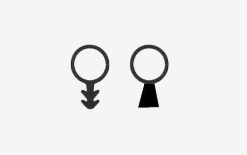 Två minimalistiska ikoner: till vänster, en symbol med en stor cirkel och tre nedåtriktade pilar; till höger en symbol med en stor cirkel och en heldragen triangel som pekar nedåt. Detta beskriver produkten Silikonlist SIR med fot eller fjäder.
