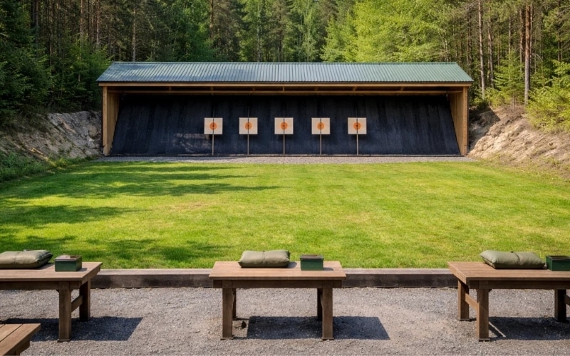 Skjutbana utomhus med fem målställningar framför en täckt backstop, gräsyta, skogsbakgrund och bänkar med kuddar och gröna lådor i förgrunden.