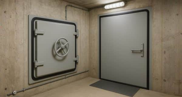 Ett betongrum med en säkerhetsdörr av metall på höger sida och en stor valvdörr med hjullås på vänster vägg. En väggmonterad armatur sitter ovanför dörren och en liten matta ligger på golvet.
