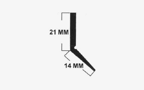 Illustration av två svarta linjer som bildar en vinklad form med måtten 21 mm och 14 mm märkta på varje segment av Släplist, garagedörrar.