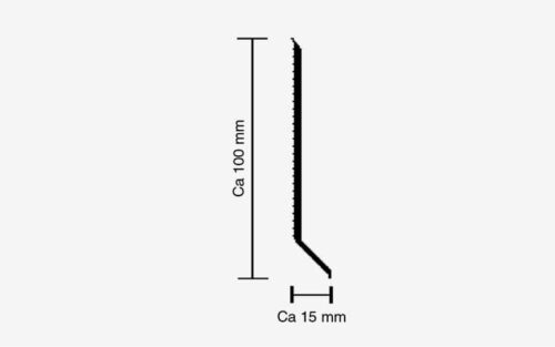 Diagram från sidan av en Sockellist med en ungefärlig höjd på 100 mm och bredd på 15 mm.