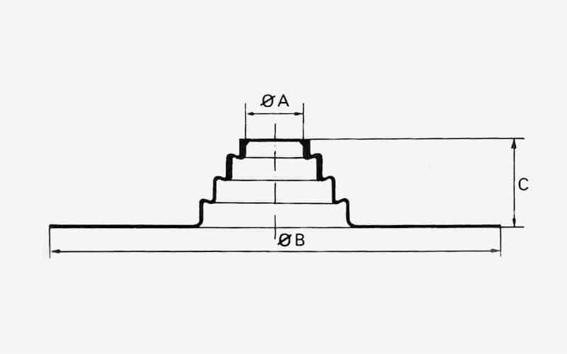 Teknisk ritning av en Takstos för Plåt- / Papptak med mått märkta: diameter A (ØA), diameter B (ØB), och höjd C.