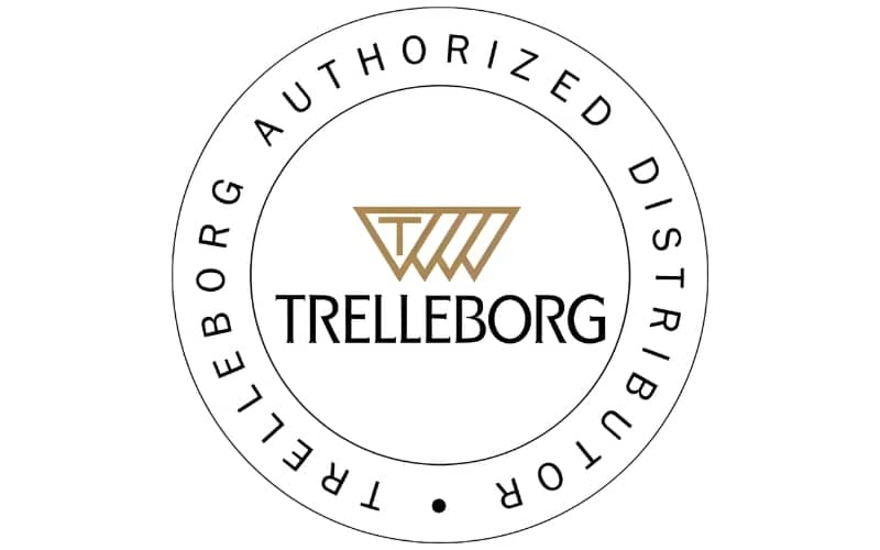 En cirkelformad logotyp med orden "TRELLEBORG AUTHORIZED DISTRIBUTOR" runt ytterkanten och ett geometriskt emblem i guld ovanför ordet "TRELLEBORG" i svart centrerat inuti cirkeln.