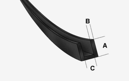Närbildsillustration av en krökt, svart U-gummilist med rak botten med tre märkta dimensioner: "A" för höjd, "B" för bredd och "C" för djup.
