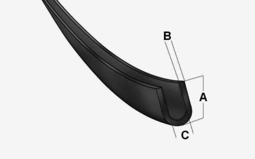 Diagram som visar kanten på U-gummilist med rund botten märkt med tre mått: A för kantens tjocklek, B för kurvans djup och C för avståndet från spetsen.