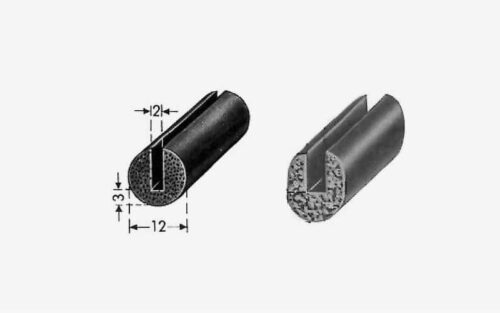 Tvärsnittsdiagram av två U-lista Cellgummi-objekt, var och en med en ihålig mitt och en vertikal slits. Ett objekt visar invändiga mått: höjd 3 och diameter 12.