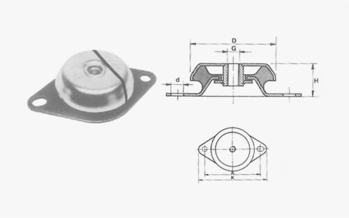 Bild som visar en Vibrationsdämpare typ RA med två fästpunkter, tillsammans med tekniska diagram som ger detaljerade mått och snittvyer av delen.