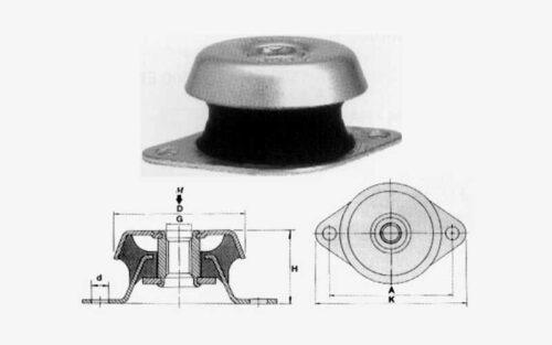 En Vibrationsdämpare typ RAB med metallhölje på toppen och en gummisektion under, åtföljs av ett detaljerat tekniskt diagram med mått.